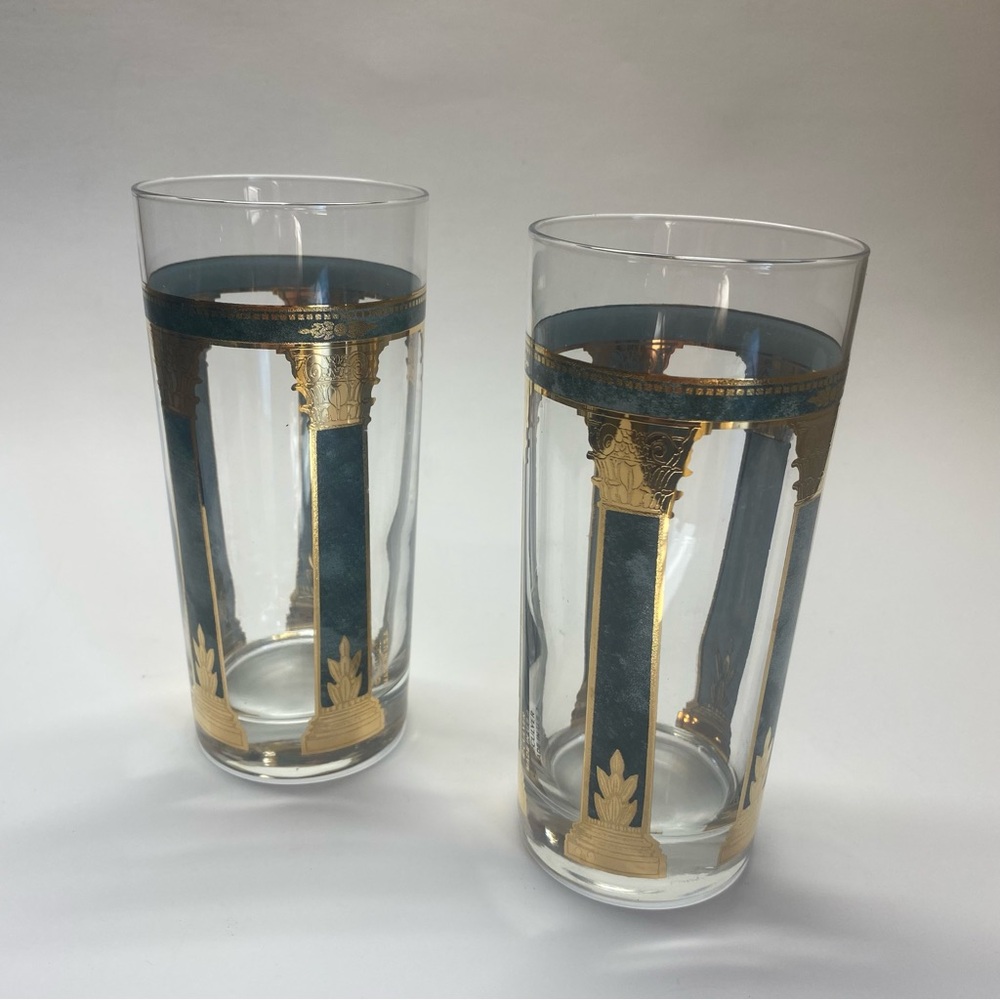 Culver 22K Highball Glasses Tumblers Green Gold Greek Corinthian Columns Barware